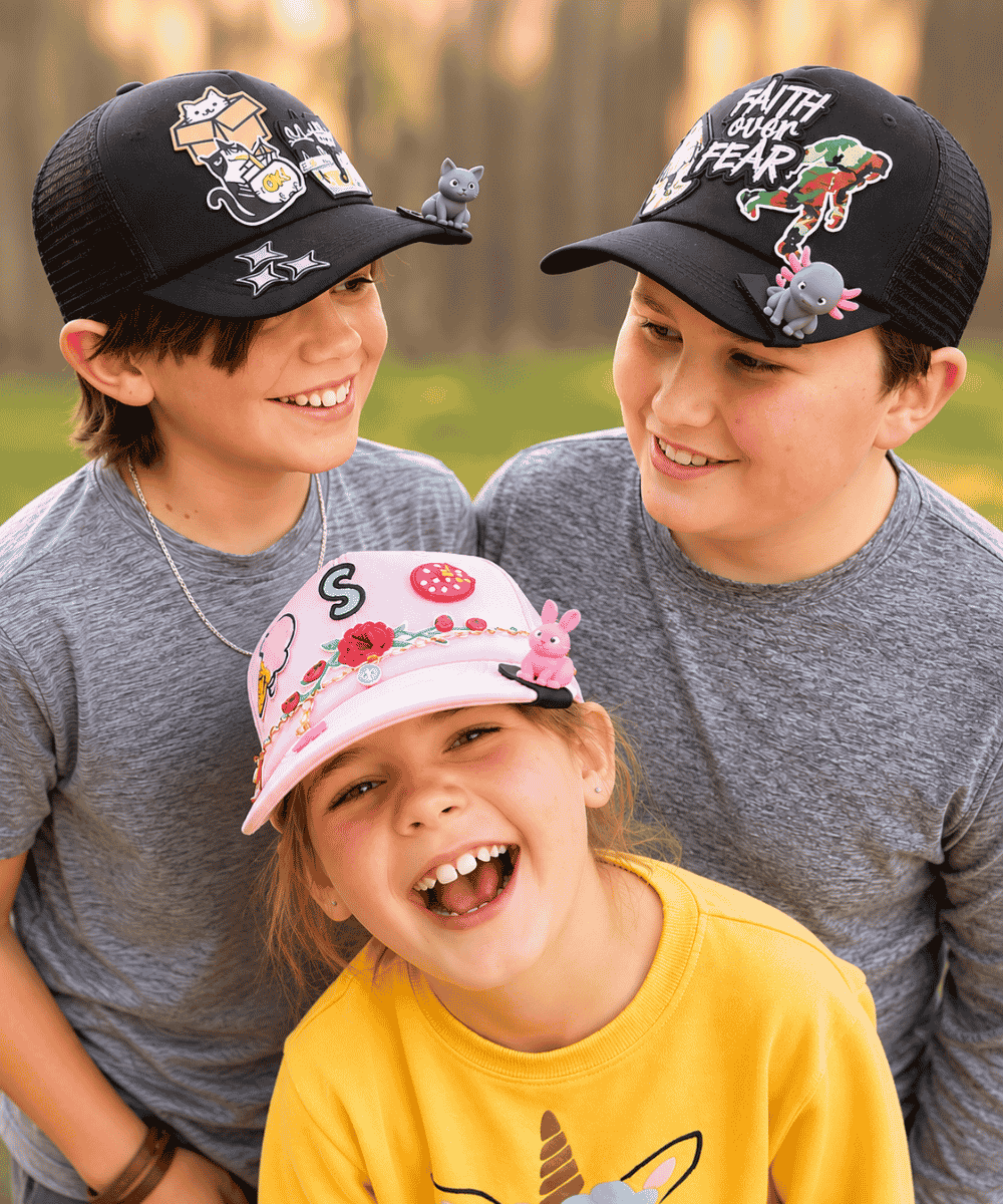 A cap with BrimPets animal clips fastened along the brim